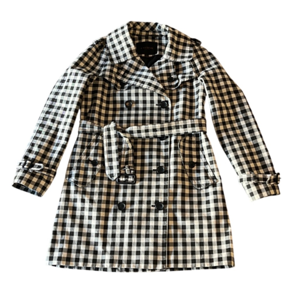 COACH Checkered Gingham Black & Ivory Mid Length Rain / Trench Coat - 6 - Picture 6 of 14
